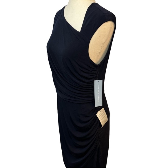 NWT London Times Asymetric Neck Shirred Sheath Dress Navy Blue, Size 10 - Picture 5 of 6